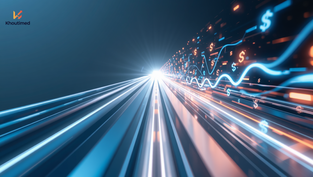 Abstract digital concept of a fast sales pipeline and financial revenue velocity with neon dollar signs, representing optimized B2B sales productivity.